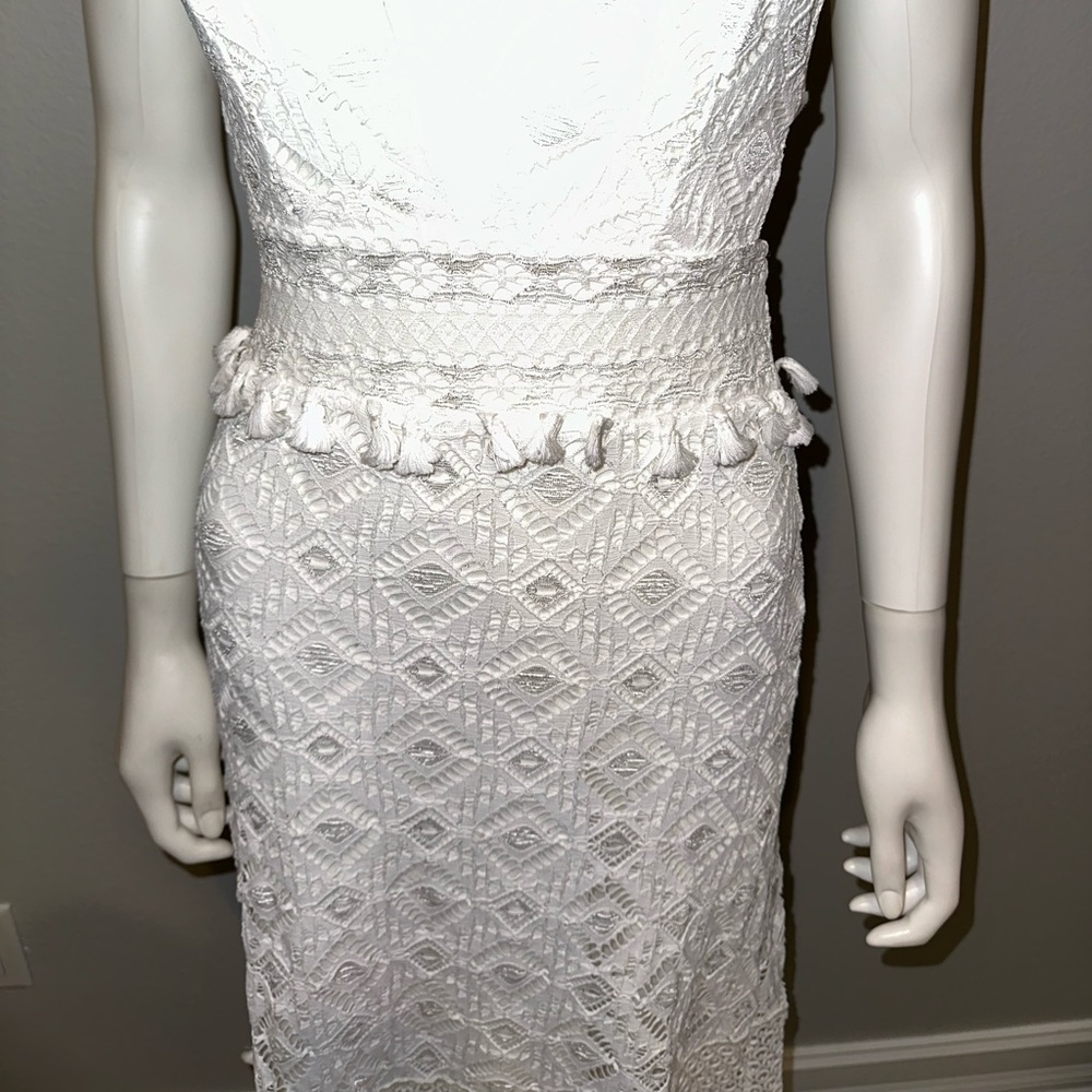 NIGHTCAP Free People *Lima* white crochet lace midi dress w tassels L - Picture 9 of 13